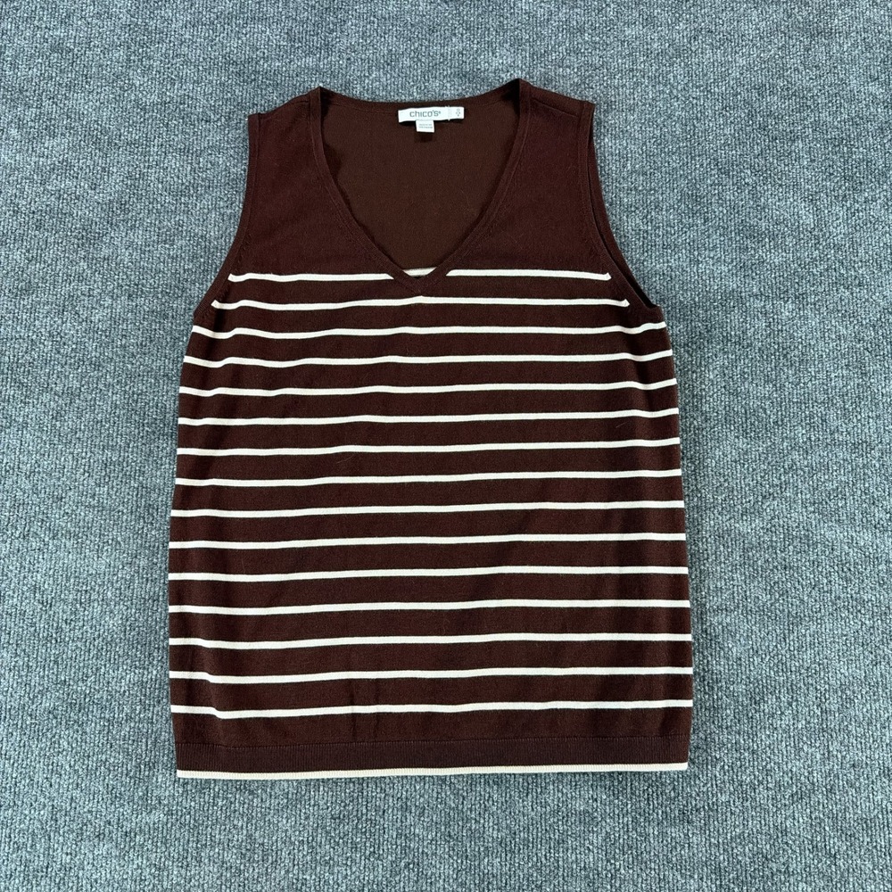 Chicos Brown Striped V-Neck Sleeveless Sweater Vest Womens Size 0 S